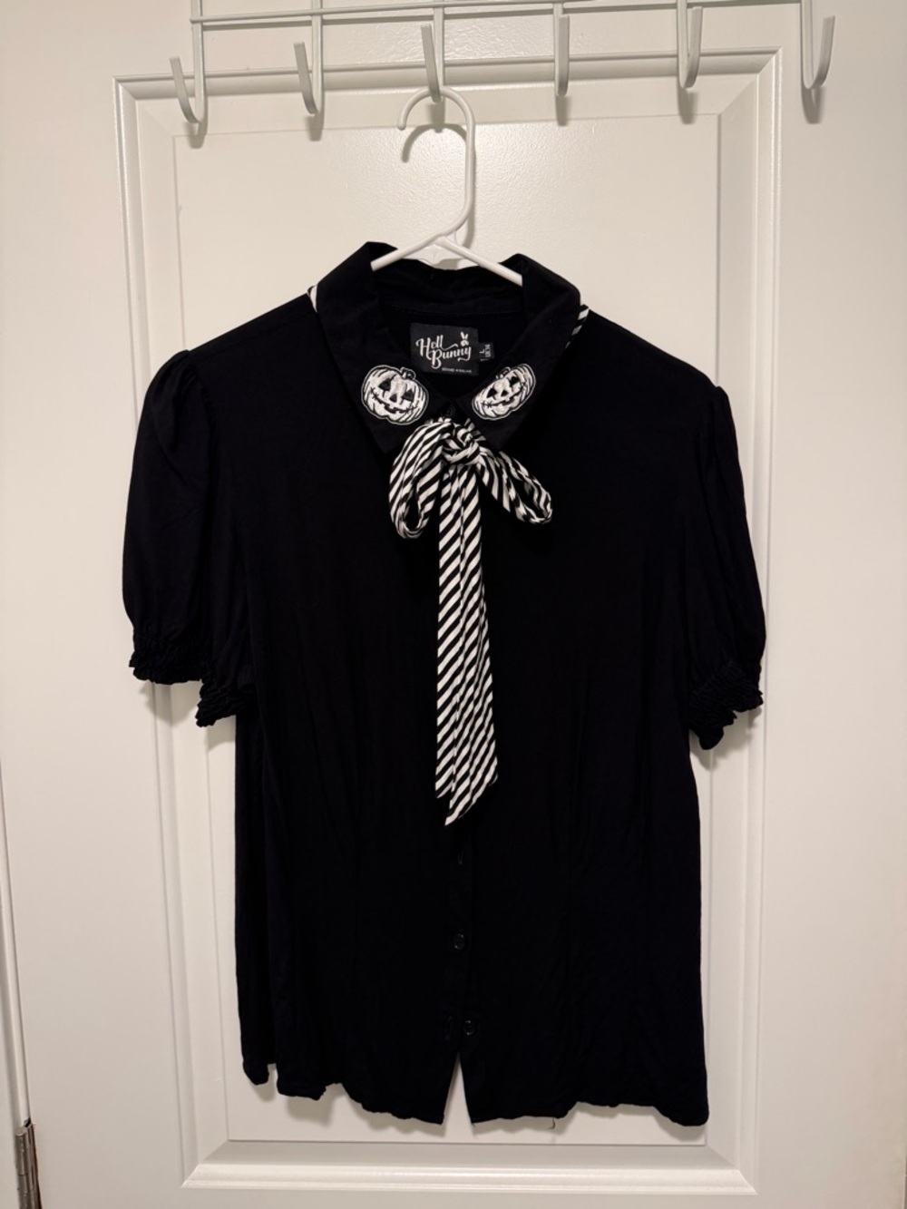 Hell Bunny Black Short Sleeve Shirt with Black & White Striped Bow